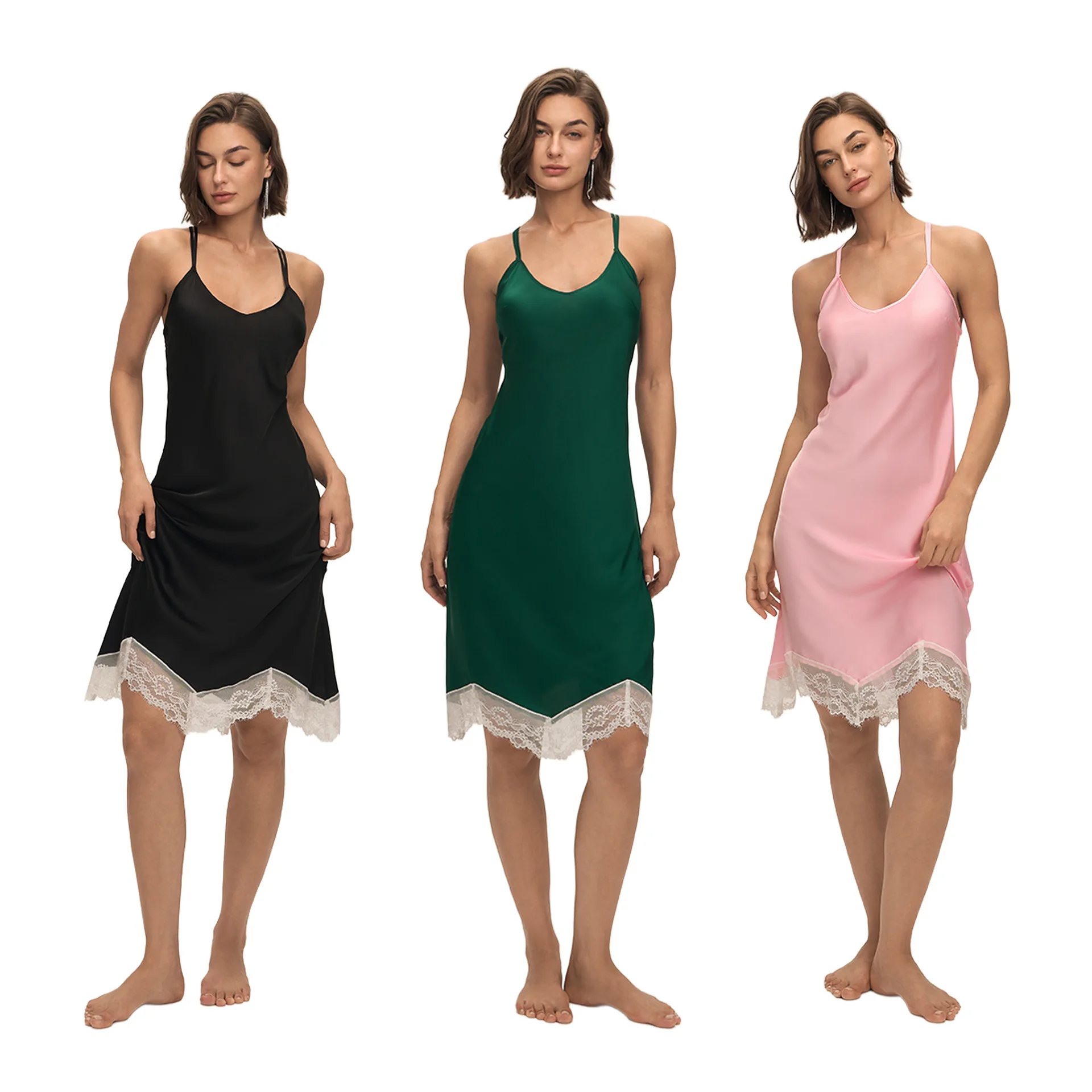 Elegant Pure - Color Satin Long Homewear Dress: Exquisite White Lace Patchwork, Sexy Open - Back Suspender Nightgown for Women