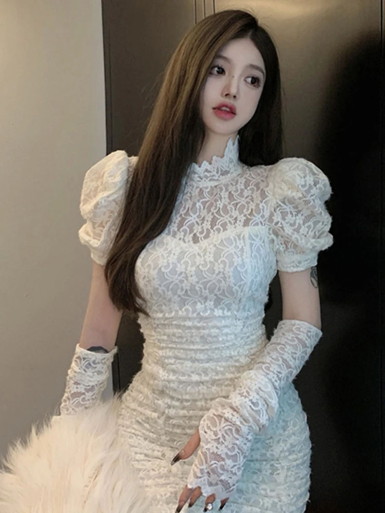 White Sexy Lace Dress Women\'s High-End Skirt Elegant High-End Lady Fit Body Skirt Korean Style Commute Pure Color Short Sleeve
