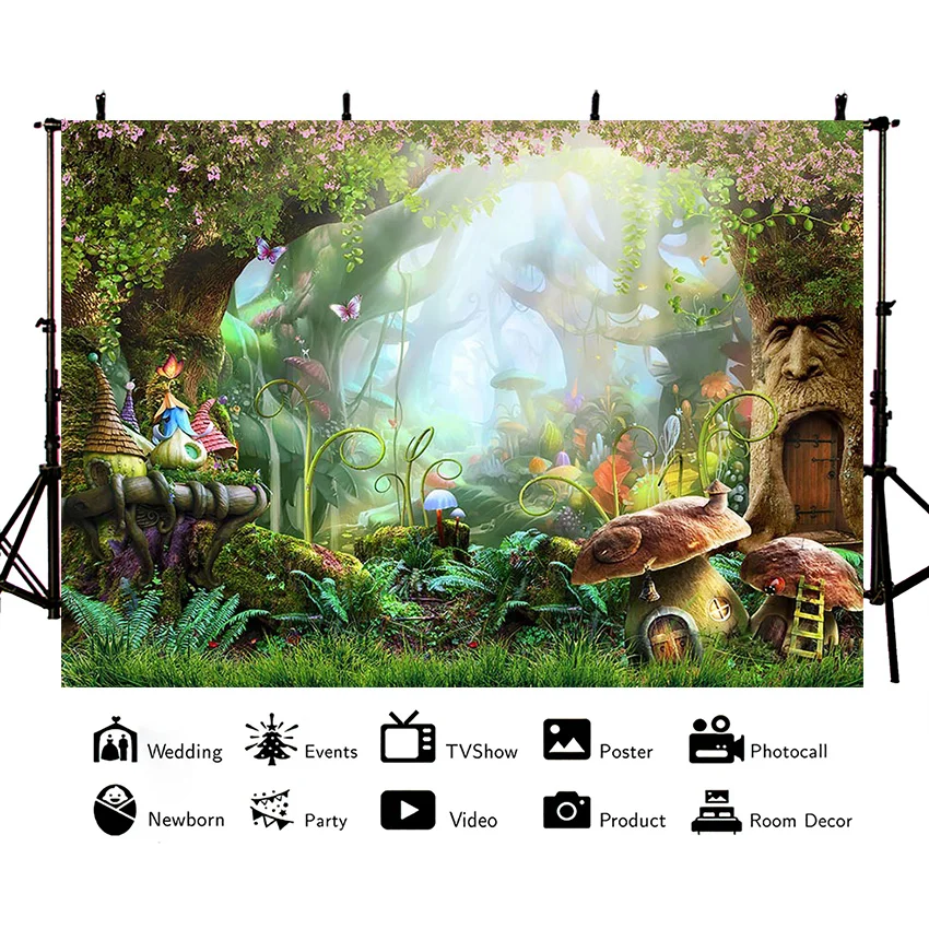 Enchanted Forest Backdrop Fairy Tale Tree Magic Mushroom Baby Birthday Party Decoration Background Photography Photo Studio Prop