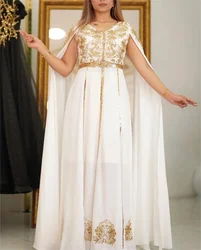 White/Green Chiffon Simple Evening Dress V-Neck Cape Sleeves Slit To Floor Gold Lace Appliqué Moroccan Tunic Dubai Arab Muslim