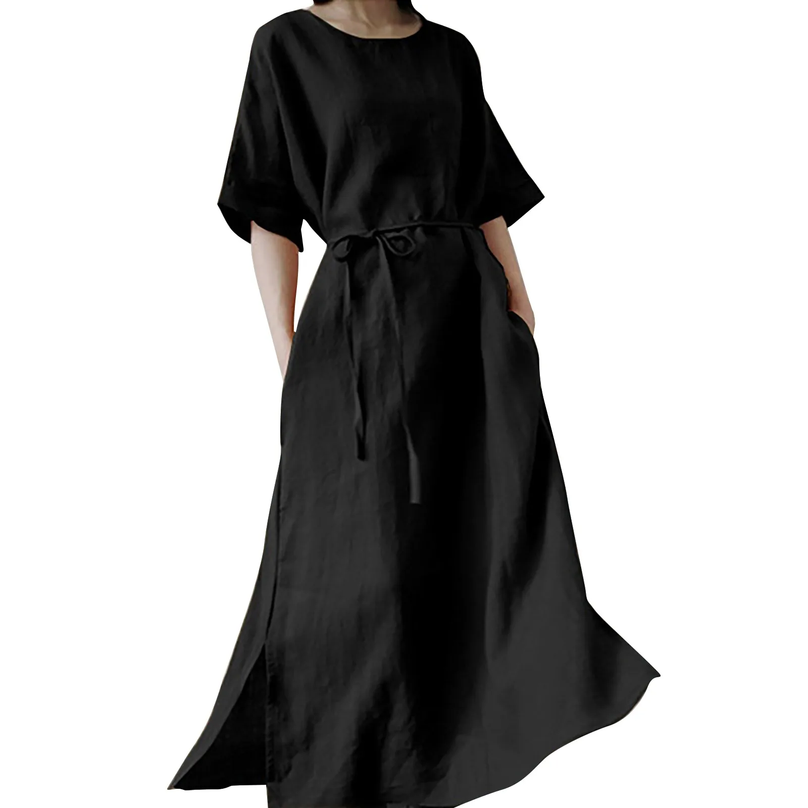 Robe Décontractée à Manches Courtes et Col Ras du Cou pour Femme, Vêtement Formel à Taille Haute, Idéal pour les Invités de Mariage et les Soirées, Collection Automne