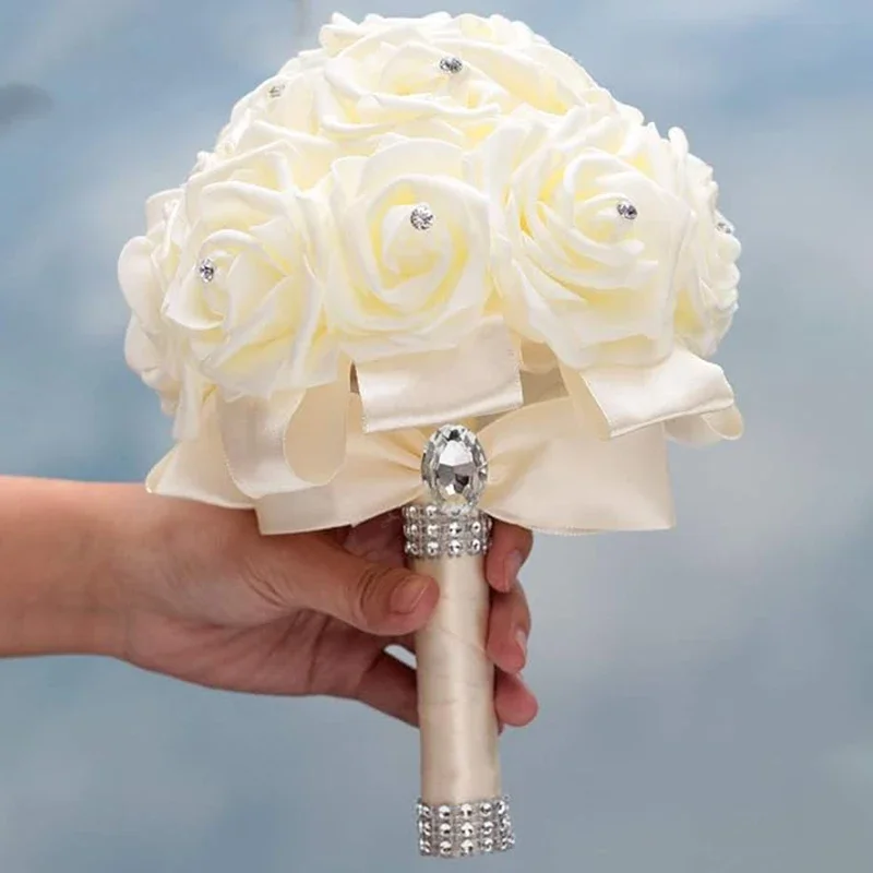 Bouquet de roses artificielles pour demoiselles d'honneur, blanc ivoire, crème, avec diamant, adapté aux fêtes de mariage et aux polarisation