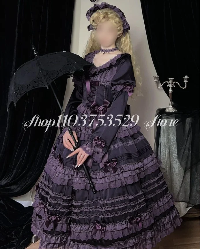 Hitam ungu Gotik Lolita gaun Prom Satin elegan lipit busur Applique lengan panjang jubah khusus ponco de Soiree