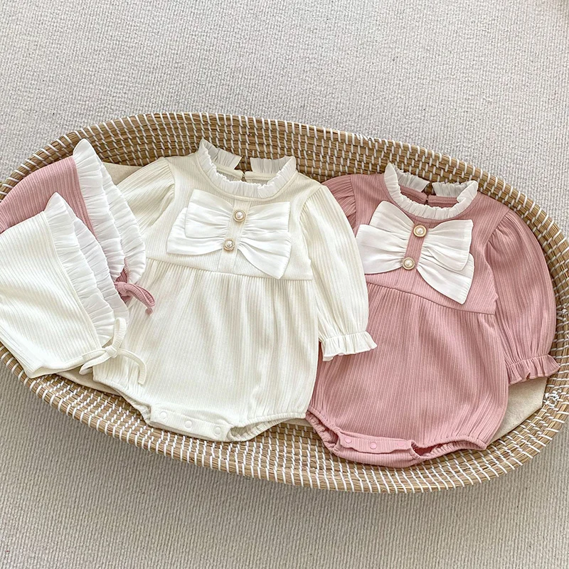 2024 New Spring Newborn Baby Girl Jumpsuit+Hat Long Sleeved Solid Color Bow Splicing Toddler Baby Girl Romper Children Clothes