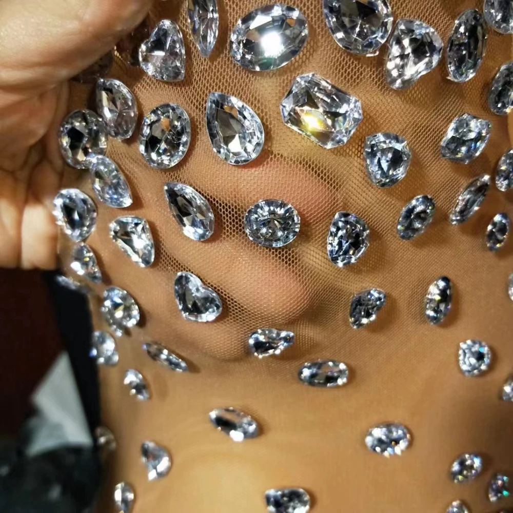 Mono transparente con cristales brillantes para mujer, traje Sexy para fiesta de graduación, cumpleaños, cantante, ropa de escenario, traje de espectáculo