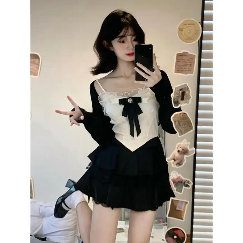 كوريا الجنوبية زي مدرسي الرغبة النقية دعوى للنساء سترة قصيرة الدانتيل الأشرطة تنورة سوداء السراويل 3 قطعة مجموعات الملابس