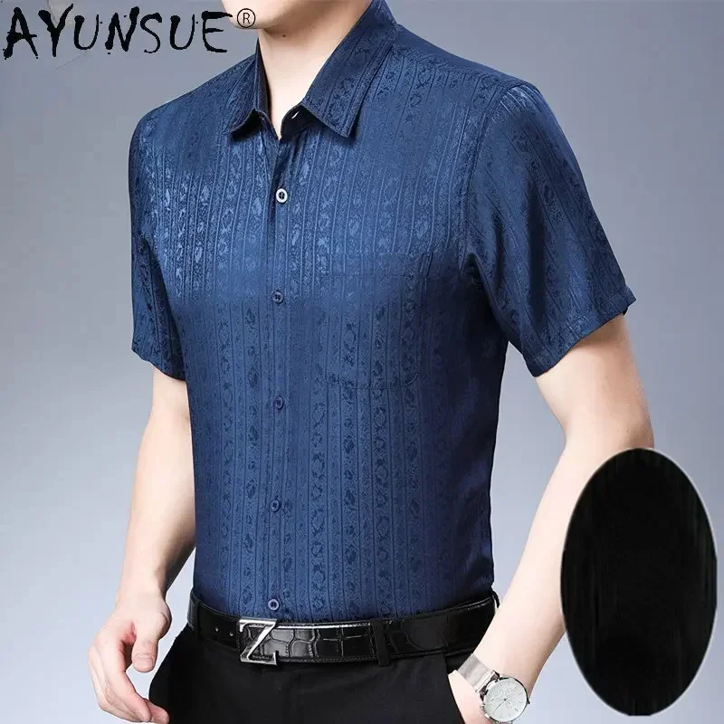 AYUNSUE 100% Mulberry Real Silk Men's Short Summer Sleeve Shirt for Men Loose Casual T Clothing Chemise Homme