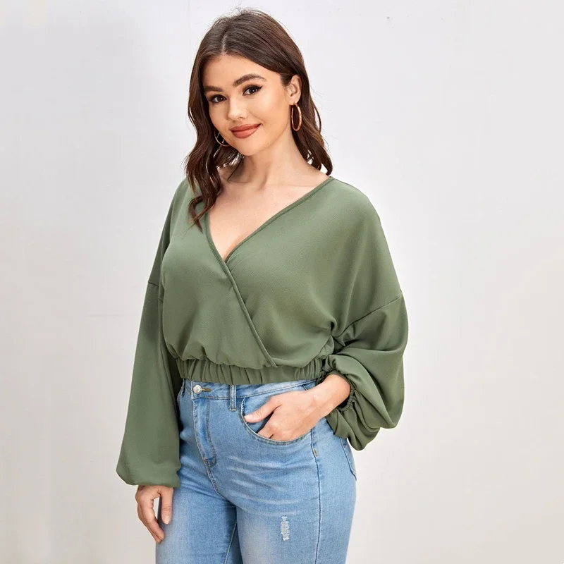 Plus Size V-neck Elegant Summer Spring Wrap Chiffon Blouse Women Long Lantern Sleeve Loose Casual Crop Blouse Large Size 6XL 7XL