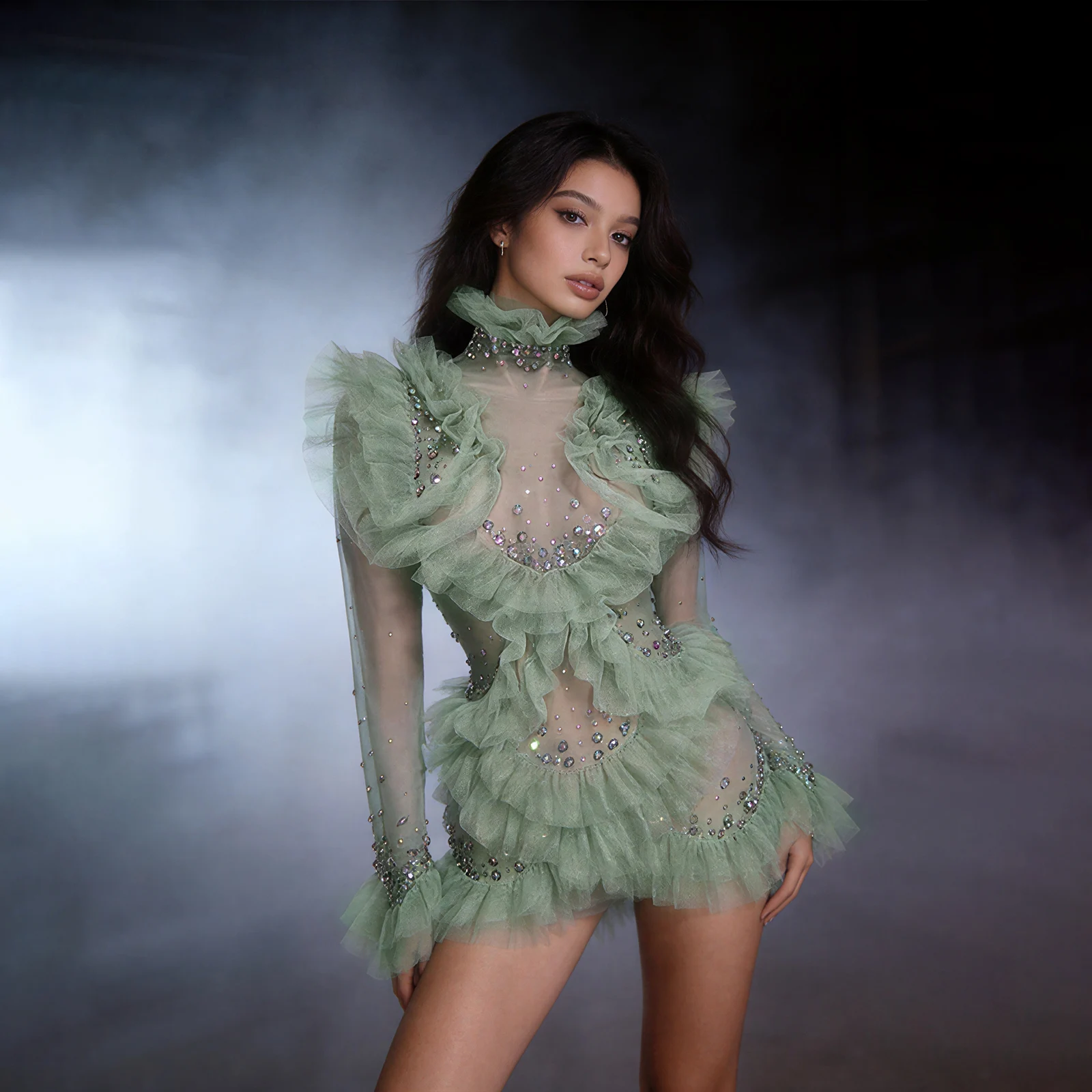 

Green Sheer Mesh High Neck Ruffled Tulle Rhinestone Long Sleeve Mini Dress Drag Queens Costume Stage Costumes Show Outfits