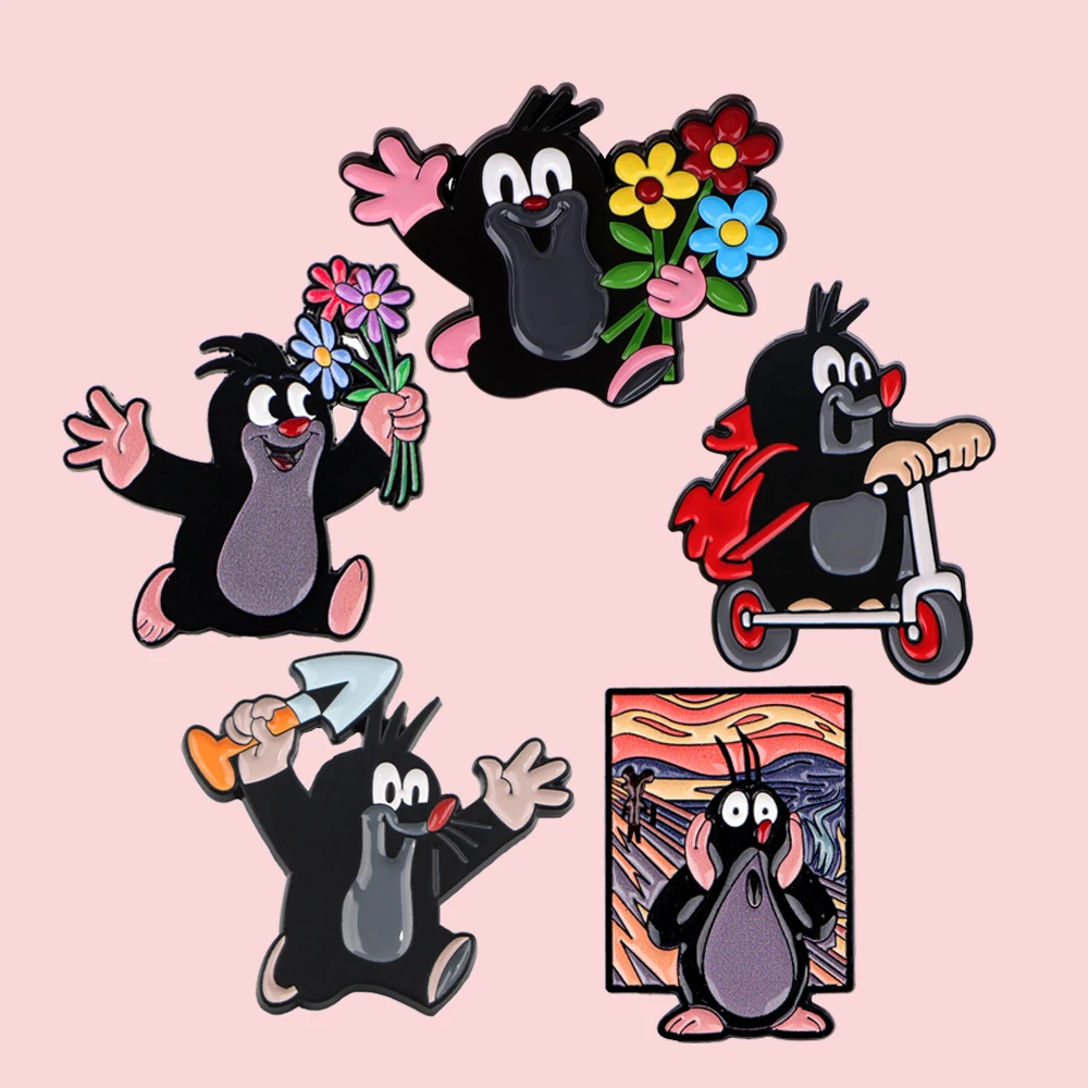 

Flower Picking Mole Pins for Backpacks Lapel Enamel Pins and Brooches Badge Bags Backpack Decoration Friend for Gifts