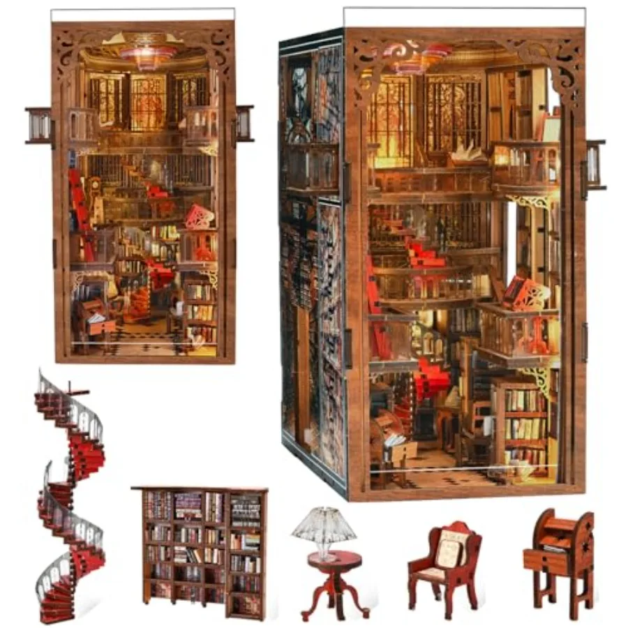 

Book Nook Kit DIY Miniature House Dollhouse for Adults Teens Abbey Library Tiny House Bookshelf Decor with LED Light and Dust C