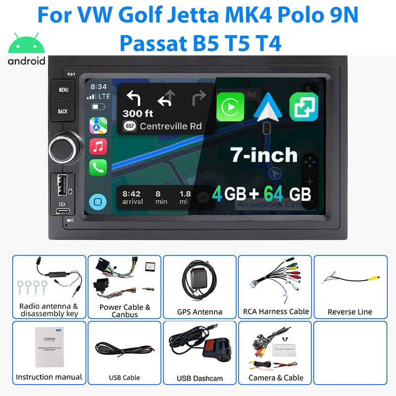 ESSGOO Autoradio Android15 7" 4+64G/2+64G für VW Golf Jetta MK4 Polo 9N Passat B5 T5 T4 SEAT SKODA Wireless CarPlay GPS Navigation Android Auto RDS FM Bluetooth Mirror Link Touchscreen