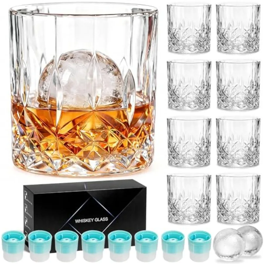 

Whiskey Glasses, Set of 16 8 Rocks Glasses 8 Whiskey Ice Ball Molds,11 OZ Old Fashioned Glass for Bourbon Vodka Scotch, Crystal
