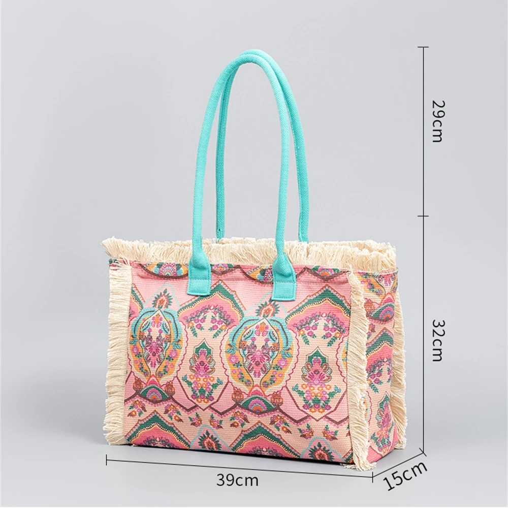 Vintage Large Capacity Shoulder Bag Fashion Luxury Print Travel Shopper Bag Women's Eco Casual Tassel Canvas Handbag Bolsas