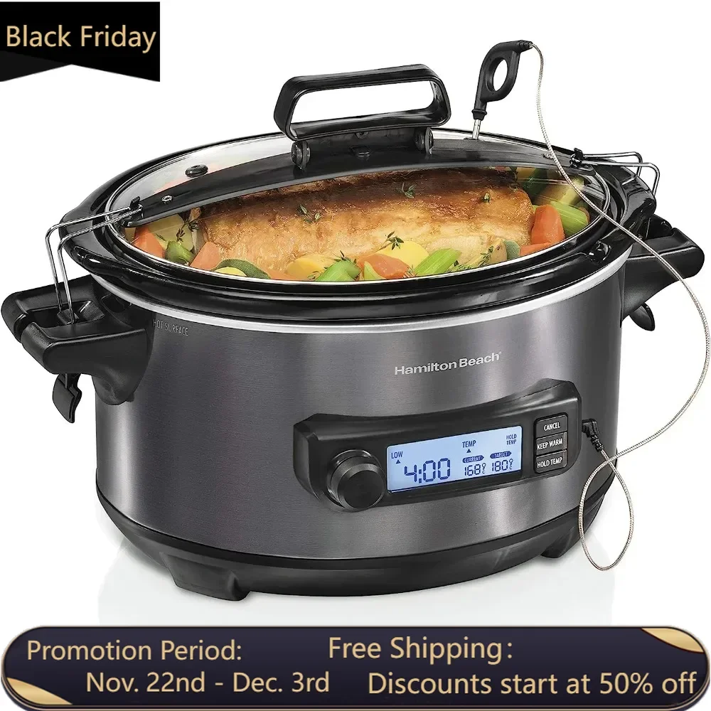 Portable 6 Quart Set & Digital Programmable Slow Cooker with Lid Lock, Temperature Probe, Dishwasher Safe Crock & Lid, Stainless