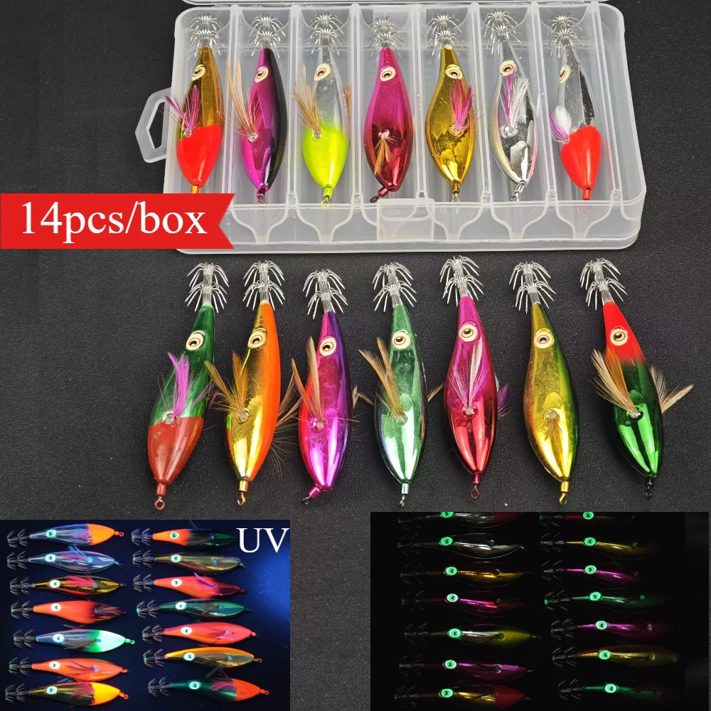 14pcs/box 10cm Glow Horizontal Squid Jig Horizontal Egi Set Saltwater Cuttlefish UV Shrimp Octopus Bait Real Shrimp Fishing Lure