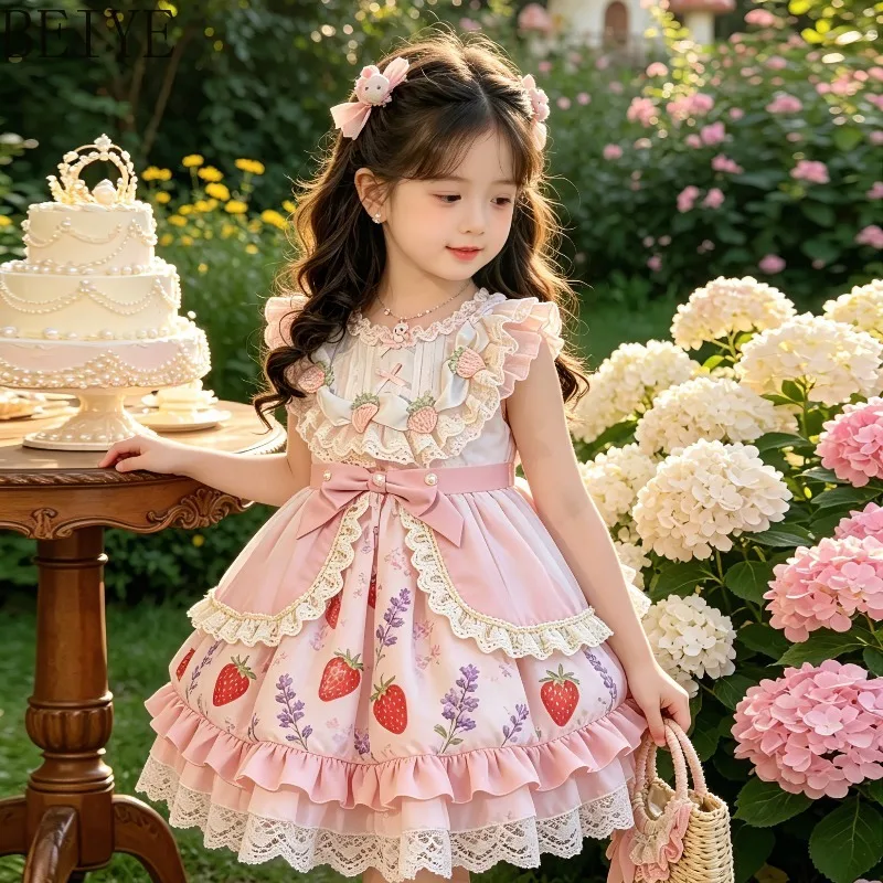 

Children's Day Birthday Dress Sweet Lolita Strawberry Printed Princess Dress Summer Girls Sleeveless Cute Fluffy Dress
