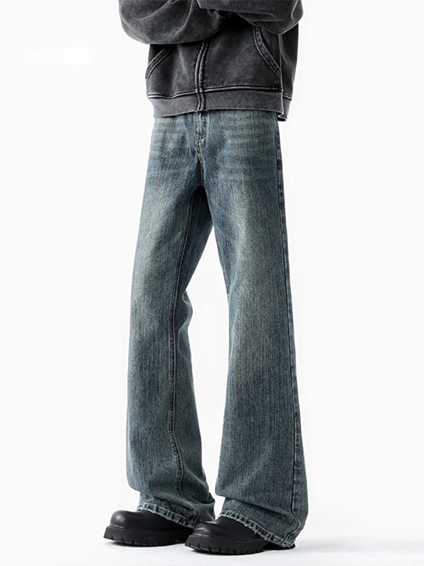 

American Retro Thiened Straight Leg Jeans Men's Autumn Winter Waed Casual Pants Bamboo Texture Micro Flared Denim