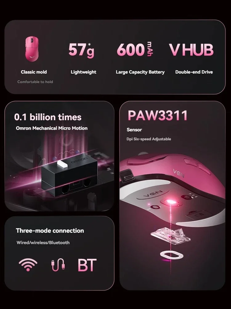 VGN Dragonfly F1 SE 1000hz wireless Gaming Mouse 2.4gWireless Tri-Mode PAW3311  Customized Ergonomic E-sports Gaming Mouse