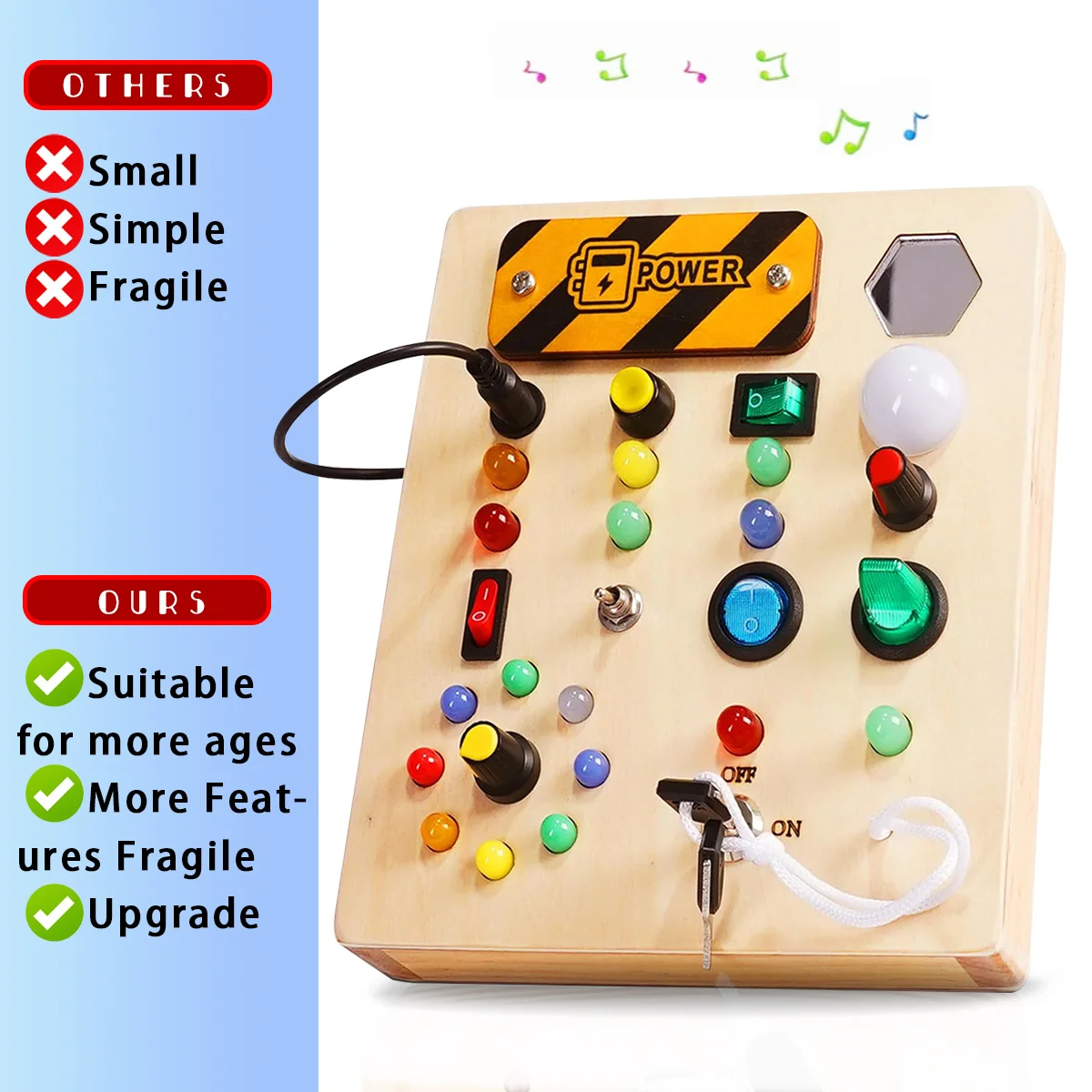لوحة خشبية مشغولة للأطفال، لوحة LED مشغولة، لعبة حسية خشبية مع مفتاح إضاءة، لعبة مثالية للسفر لعيد الميلاد والهالوين