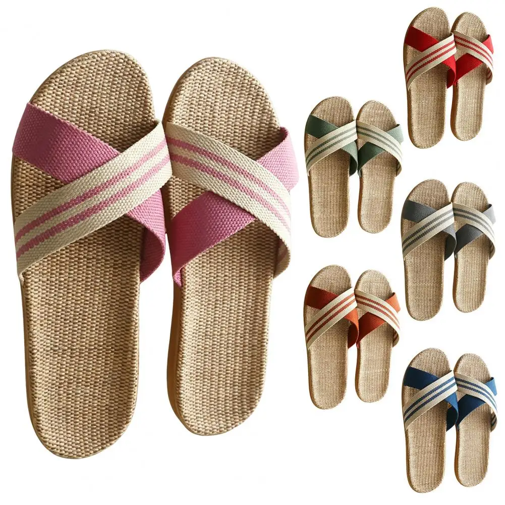 Unisex Breathable Linen Indoor Slippers Lightweight Anti-Slip Summer House Shoes for Living Room Bedroom
