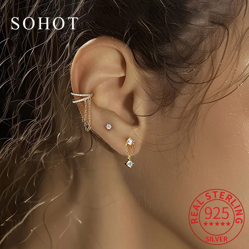 

1 Pcs Real 925 Sterling Silver Zircon Tassel Chain Mini Clip Earrings for Charm Women Minimalist Trendy Fine Jewelry Accessories