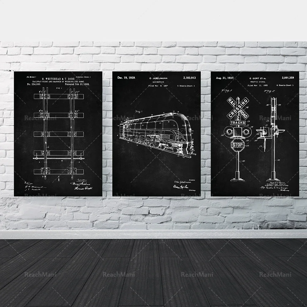 Three-piece railway transportation patent, train patent, locomotive patent art, railway poster, railway signal patent art gift