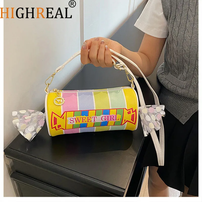 Harajuku Candy Shaped Shoulder Bags Cute Colorful Striped Crossbody Bag Barrel-shaped Women's Bag Funny Purses for Women Handbag