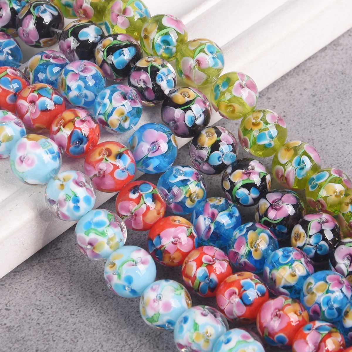 5pcs Round 12mm Handmade Flower Pattern Lampwork Glass Loose Beads For Jewelry Making DIY Bracelet Findings