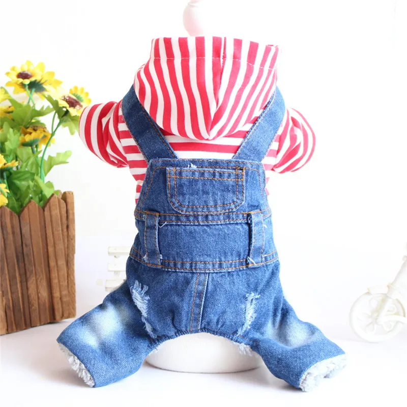 Pet Clothes Spring And Autumn Winter Clothes Teddy Bichon Dog Striped Four-legged Denim Onesie New Customizable