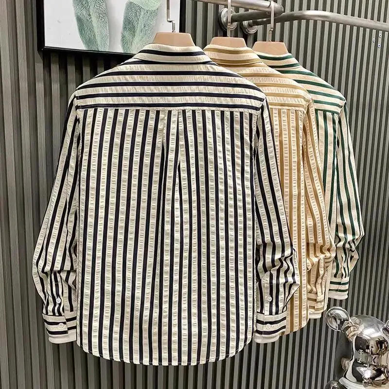 Men's Ice Silk Long Sleeve Casual Shirt Thin Stripe Summer Fashionable Versatile Top City Walk Loose Fit False Two-Piece
