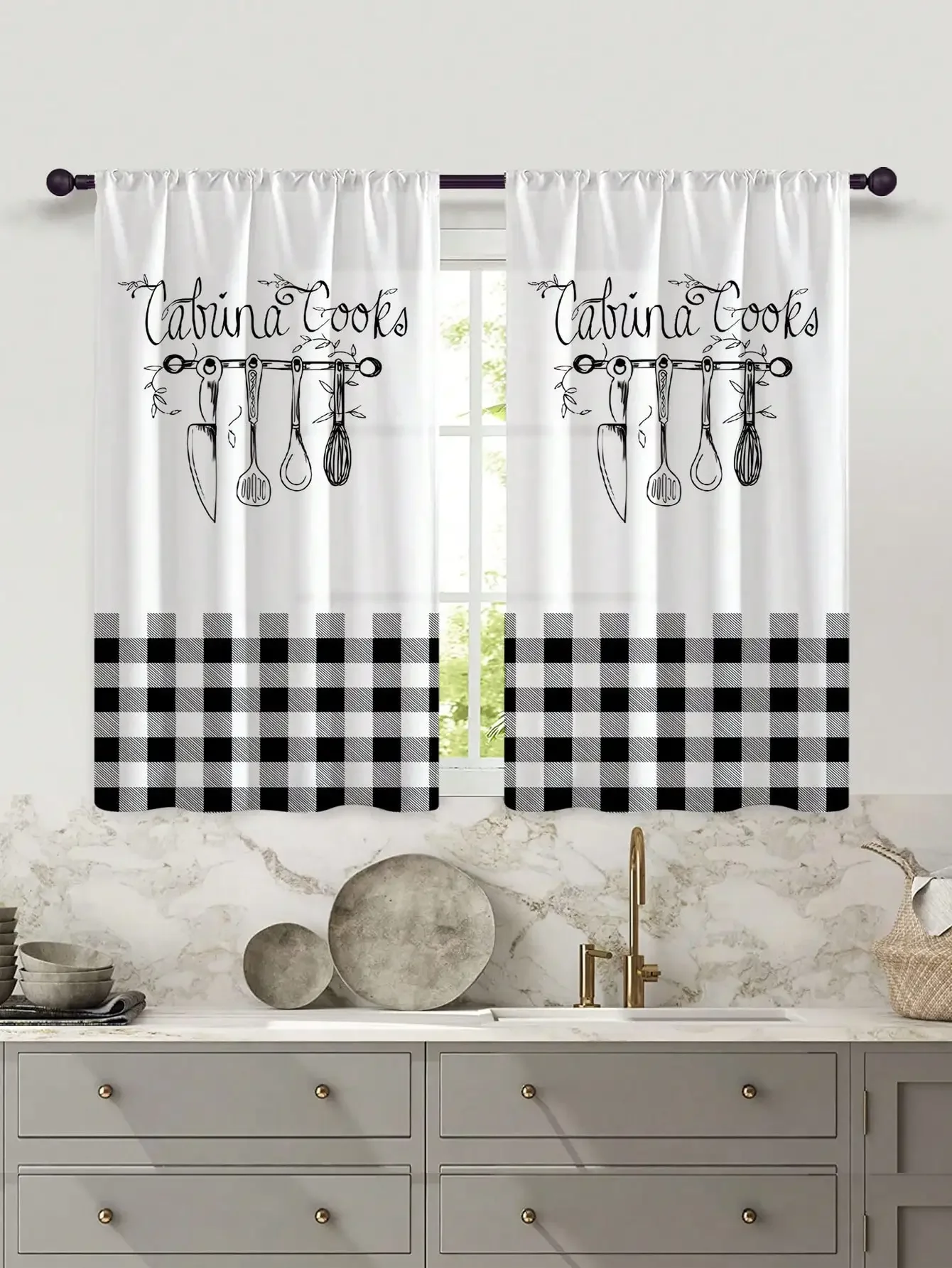 2PC Black White Farmhouse Curtains Short Cafe Style Rustic Country for Kitchen Sink Bathroom Window