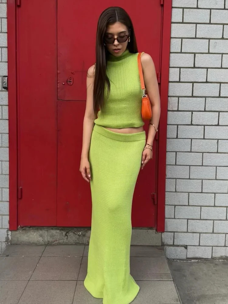 

Женский Осенний однотонный вязаный повседневный комплект с юбкой, короткий пуловер без рукавов с высоким воротом и длинная юбка, Модный женский костюм, уличная одежда