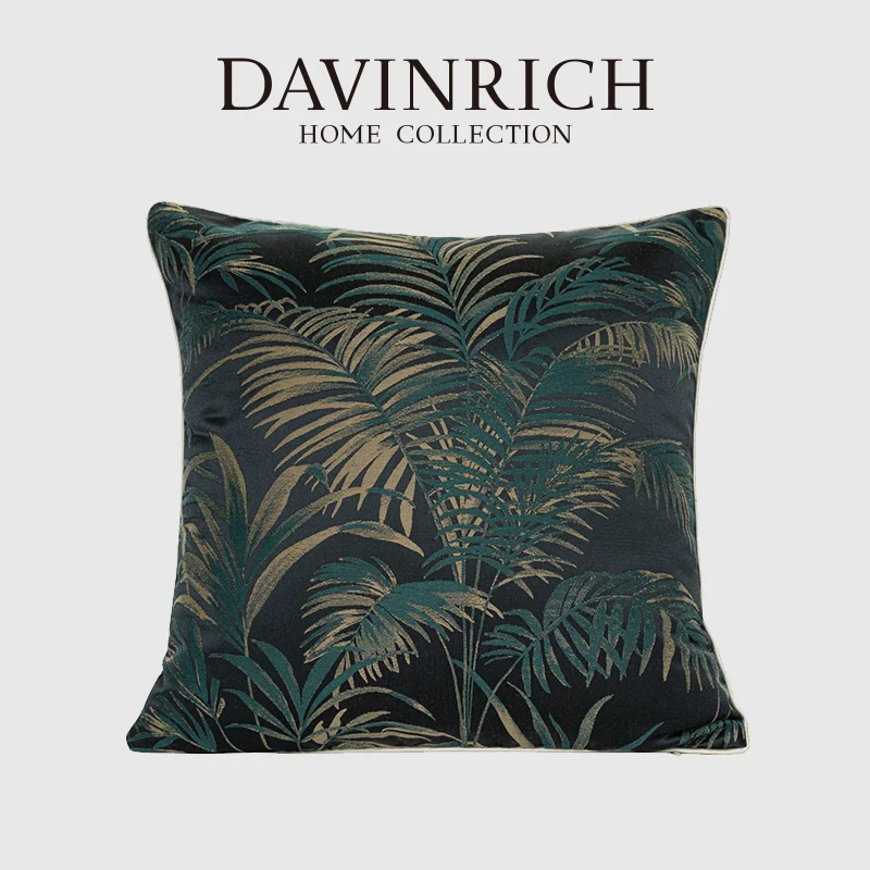 DAVINRICH American Retro Cushion Cover Light Luxury Black Ground Green Leaf Jacquard Throw Pillow Case 50x50cm Jungle Home Decor