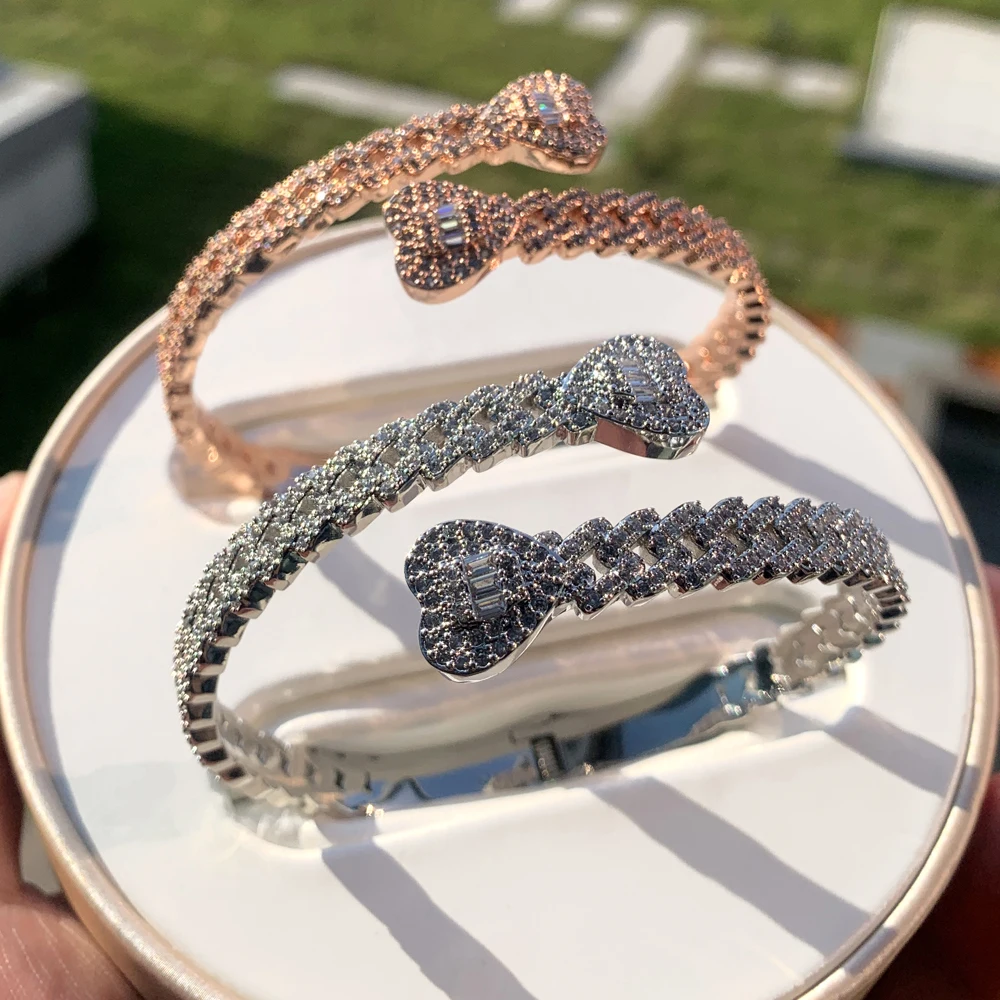Iced Out Cuff Bangle Paved Setting Bling Cz Cubic Zirconia Wrist Cuban Chain Link Bransoletki Moda Hip Hop Biżuteria dla kobiet — zdjęcie 3