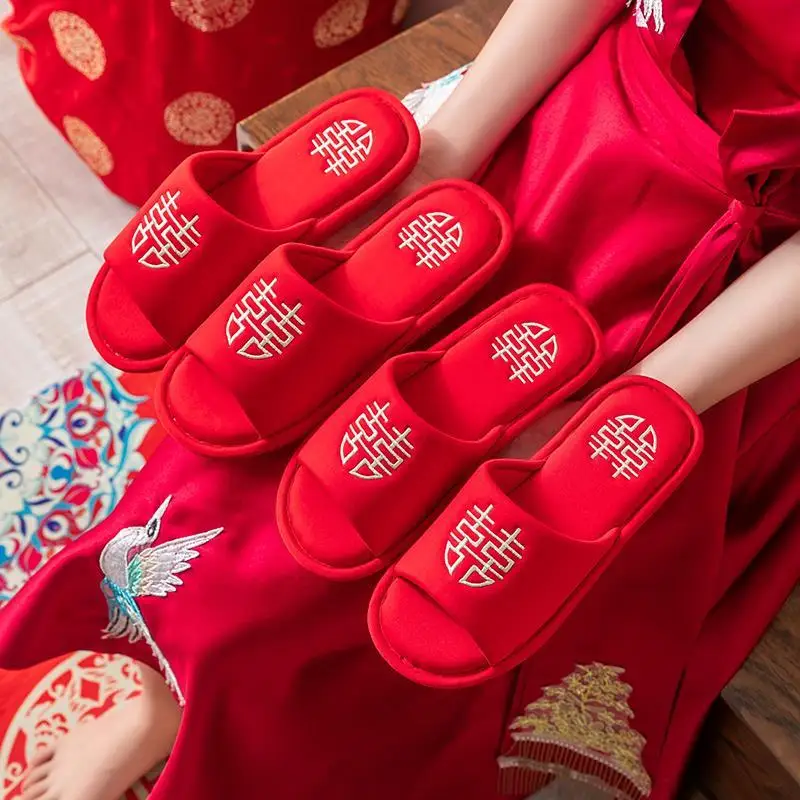 

Wedding Slippers New Couple Bridegroom Wedding Celebration Red Pair Spring Autumn Wedding Robe Summer Wedding Shoes