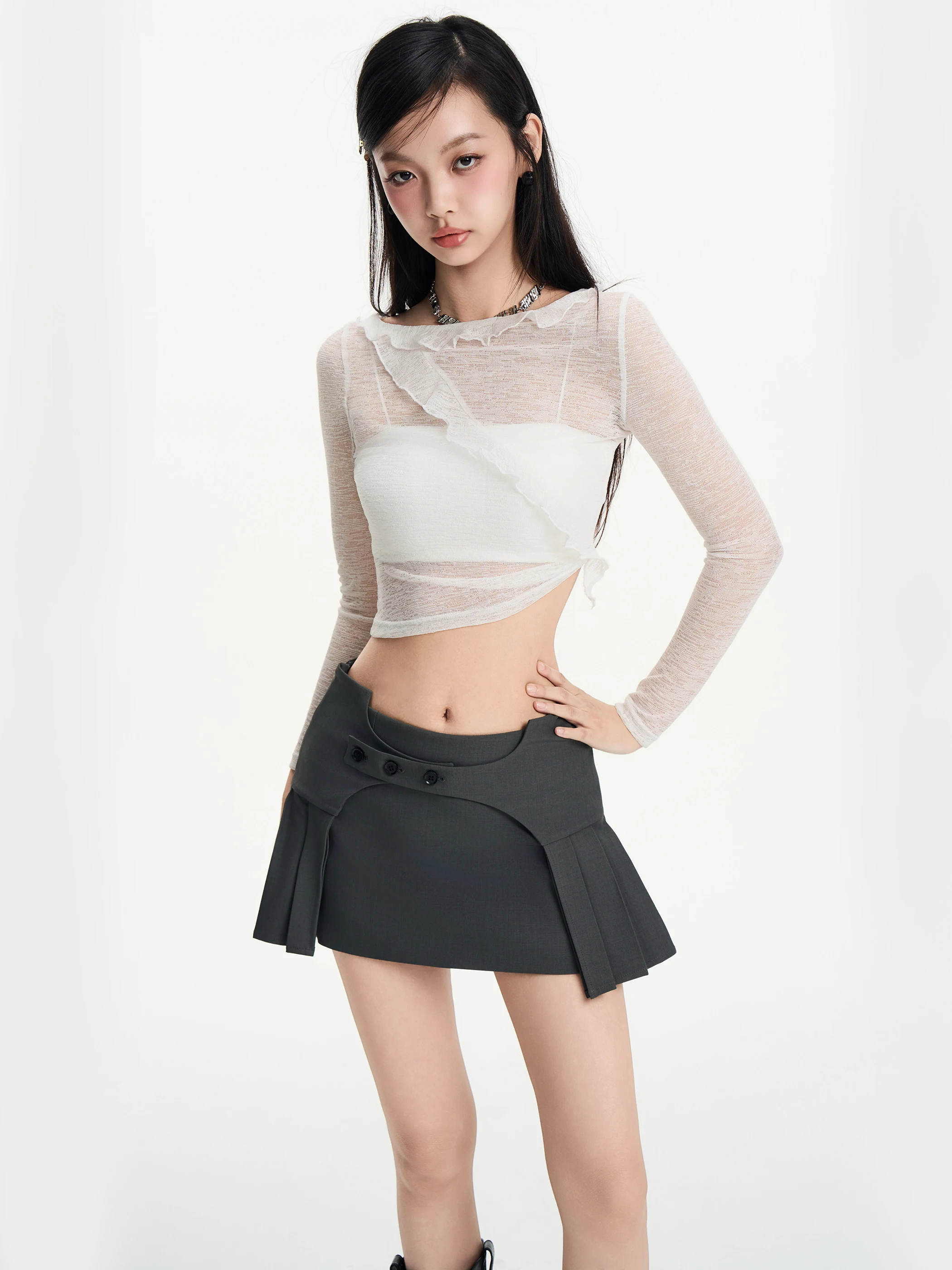 

IUNAE LUMEN Original Design Pleated White Long Sve Top Vintage Sle Breathable Acetate Fiber Women's irt Autumn 2025