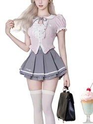 2024 Japanese Y2k Kawaii 2 Piece Set Women College Style Tops + Sweet Mini Skirt Fashion Chic Cute Bow Lace Slim Streetwear Suit