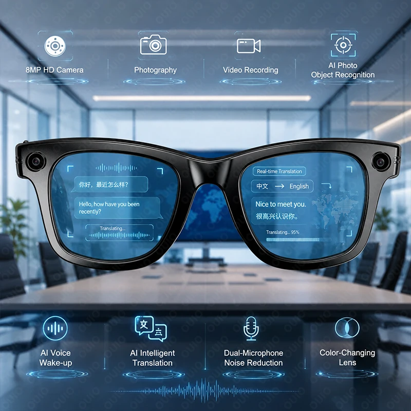 Video Intelligent Recognition Glasses 8MP HD Camera  Al Photo Object Recognition Al Intelligent Q&A Al Translation Smart Glasses