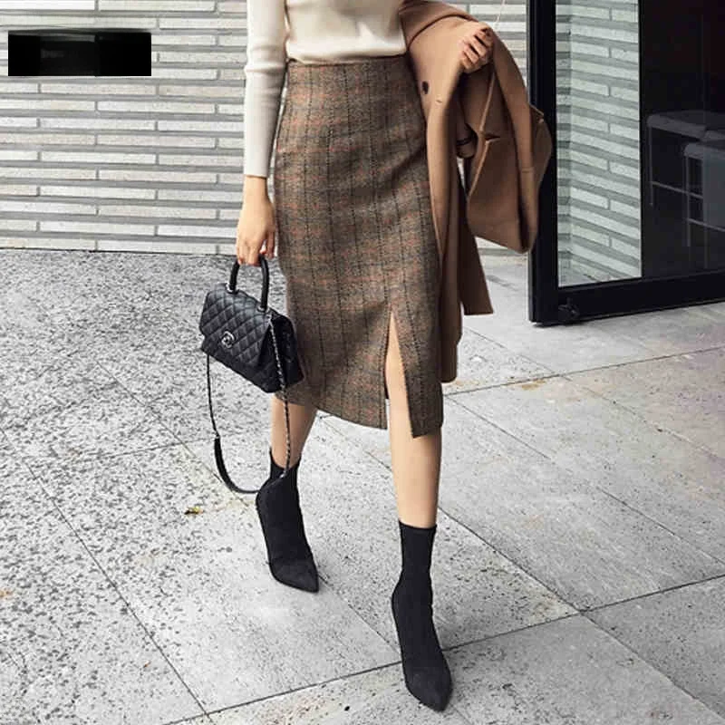 

Карамельная утепленная шерстяная юбка в клетку для женщин, винтажная, в британском стиле, осенне-зимняя, с высокой талией, на молнии