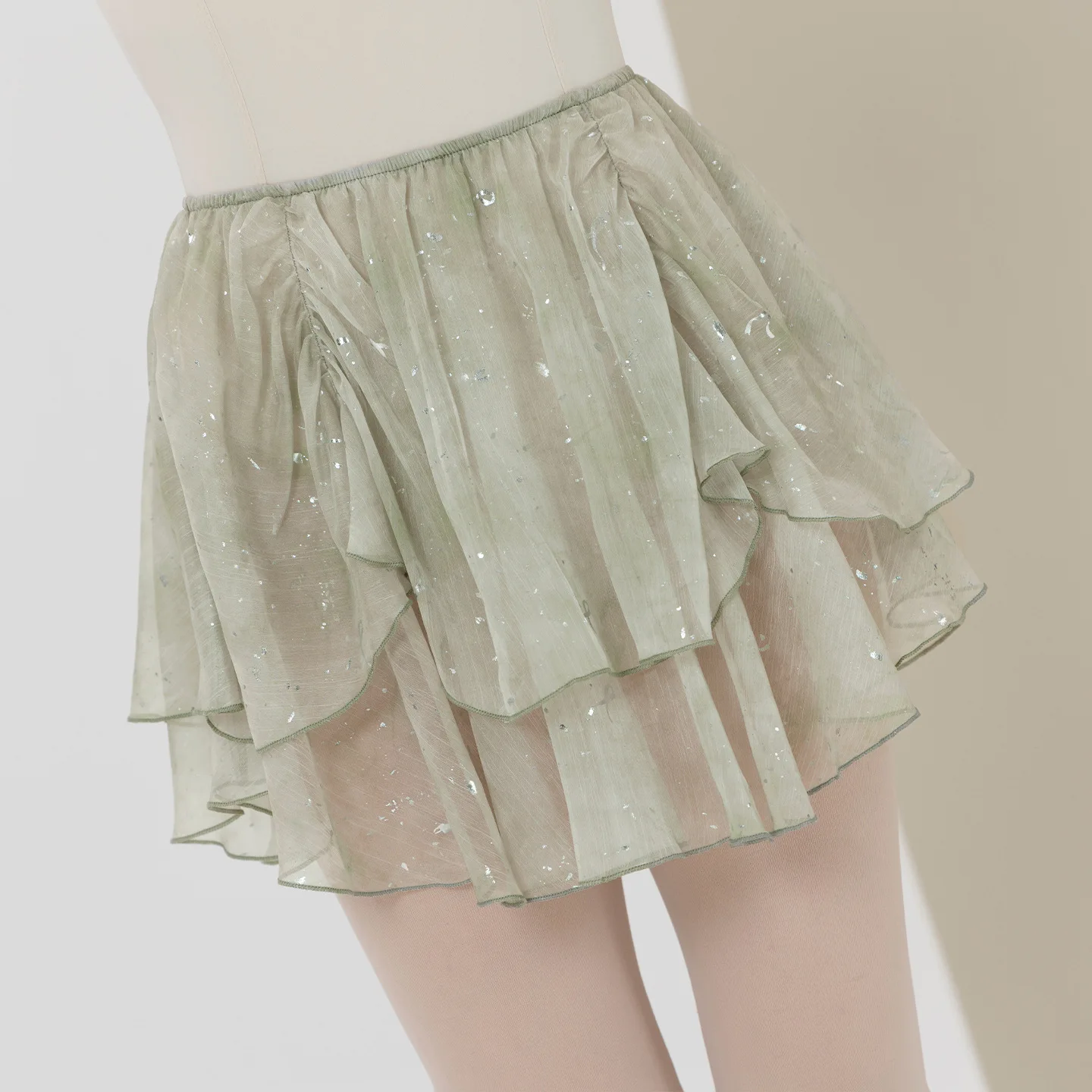 バレエダンススカート二重層シルバー箔プリントメッシュショートフリルチュチュスカート女性アートパフォーマンスボディトレーニングダンスウェア