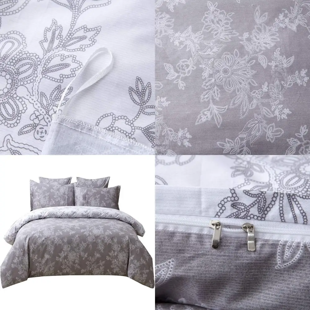 

Vintage Floral 100% Cotton Reversible Duvet Cover Set, Ultra Soft Grey & White, King/Cal King, 3-Piece with Zipper Closure