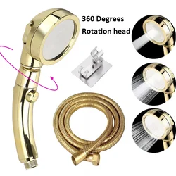 High Pressure Shower Head Set With Hose and Holder Gold 3 Modes Large Flow Rainfall Handheld Shower Faucet Bathroom Accessoies