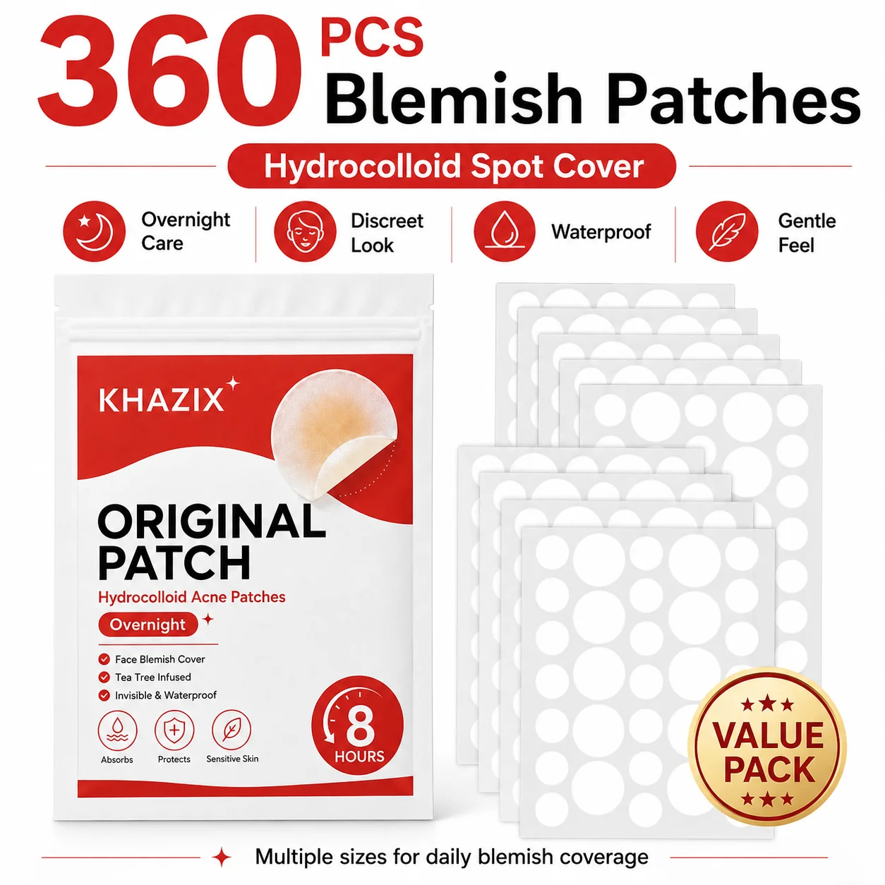 Hydrocolloid Acne Pimple Patch, Hydrocolloid Spot Stickers, Covering Zits and Defect, Nighttime Spot Stickers for Face and Skin