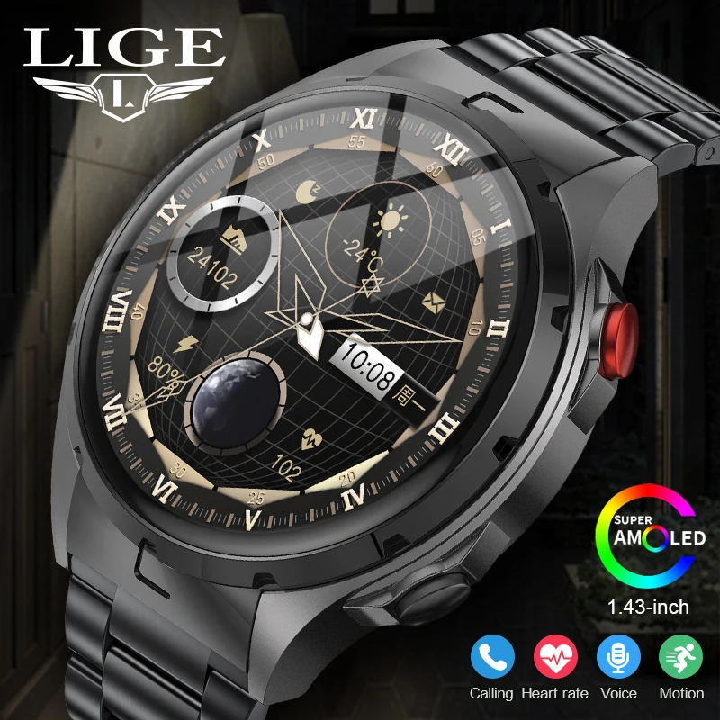 

LIGE Fashion NFC Smart Watches Men 466*466 AMOLED Screen Bracelet Heart Rate IP67 Waterproof BT Call Smartwatch For Android IOS