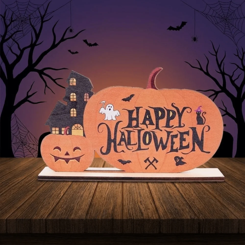Cartoon Pumpkin Wooden Ornaments Pastoral Ghost Halloween Pumpkin Figurine Hand Painted Stable Base Pumpkin Table Ornament