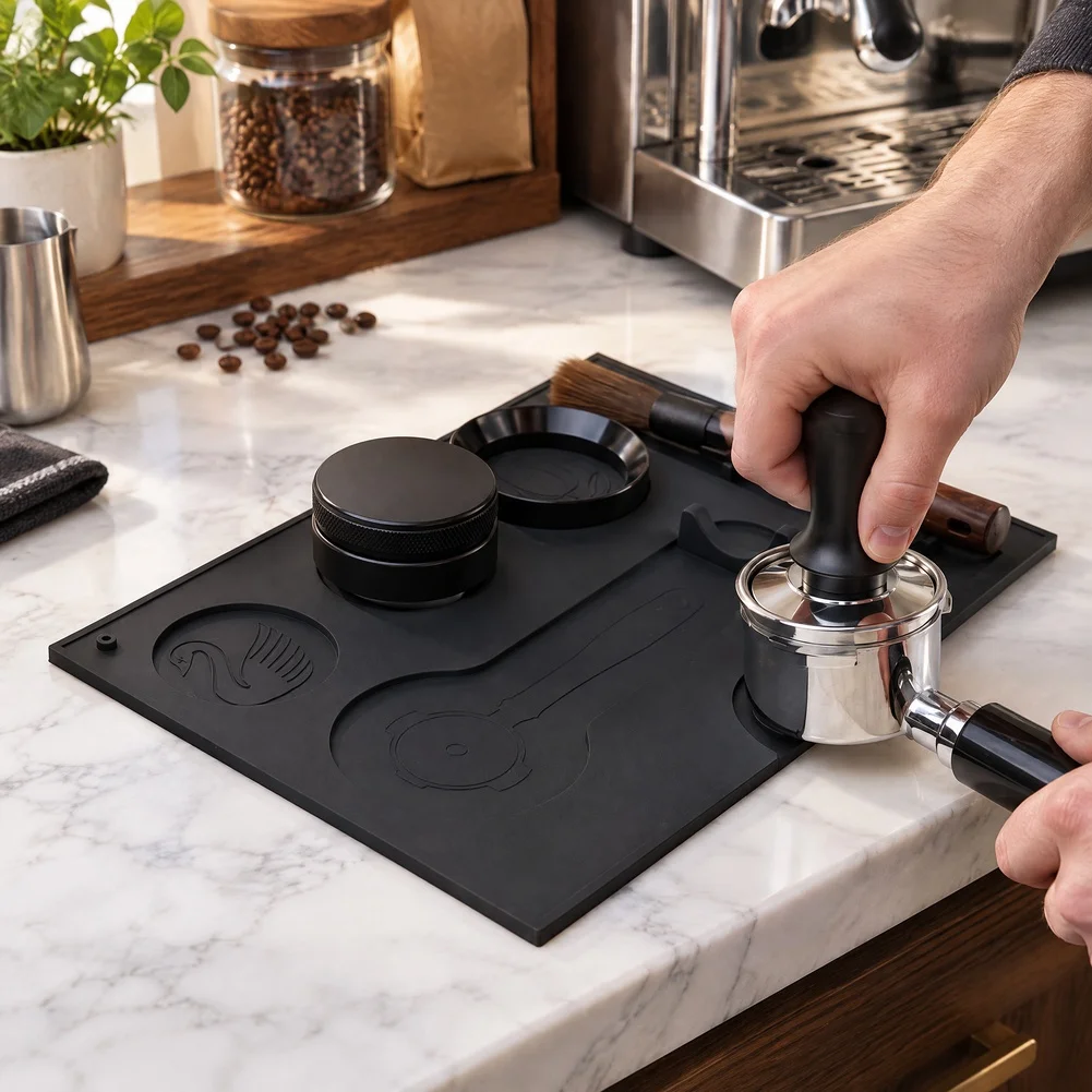 Black Silicone Coffee Mat With Tool Holder For Barista Station Tamper And Brush Storage Non-slip Countertop Organizer