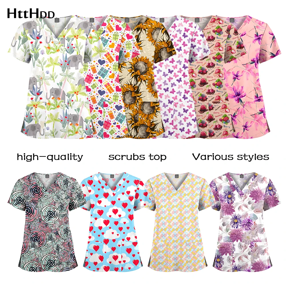 Wholesale Polyester Spandex Uniforms Beautiful Hospital Scrubs Tops Women Nurse Printed Scrub Top Healthcare Nursing Scrub Shirt