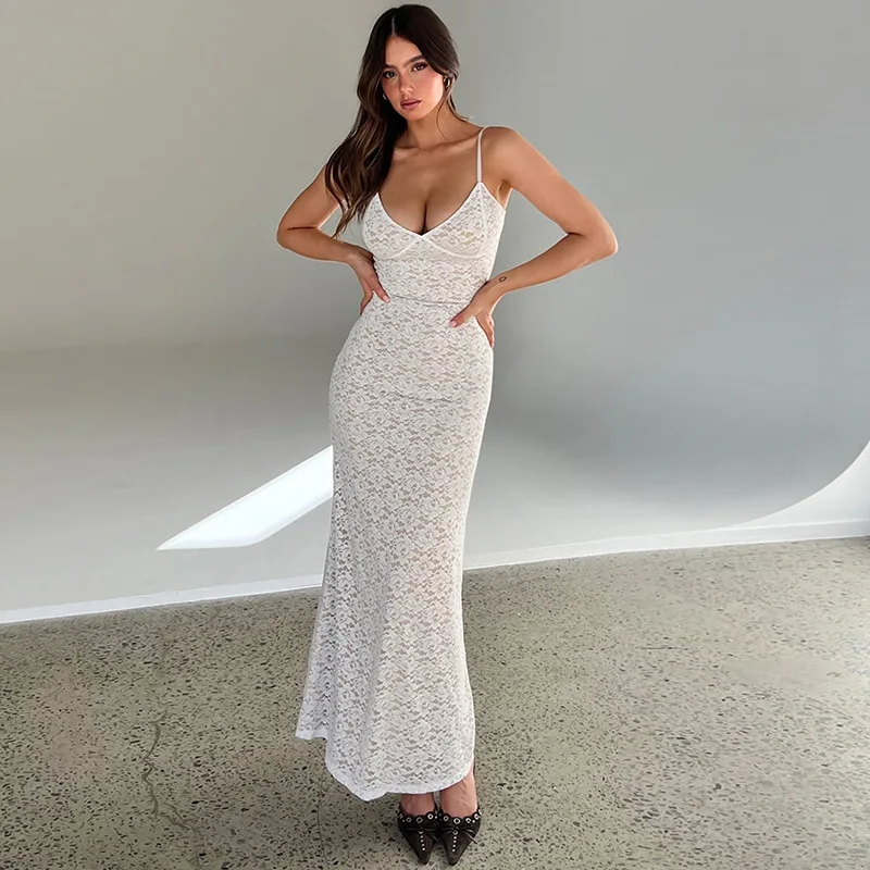

2025 Summer New Women's Fashion Dress Sexy Lace Slimming White Dress Women Boho Style