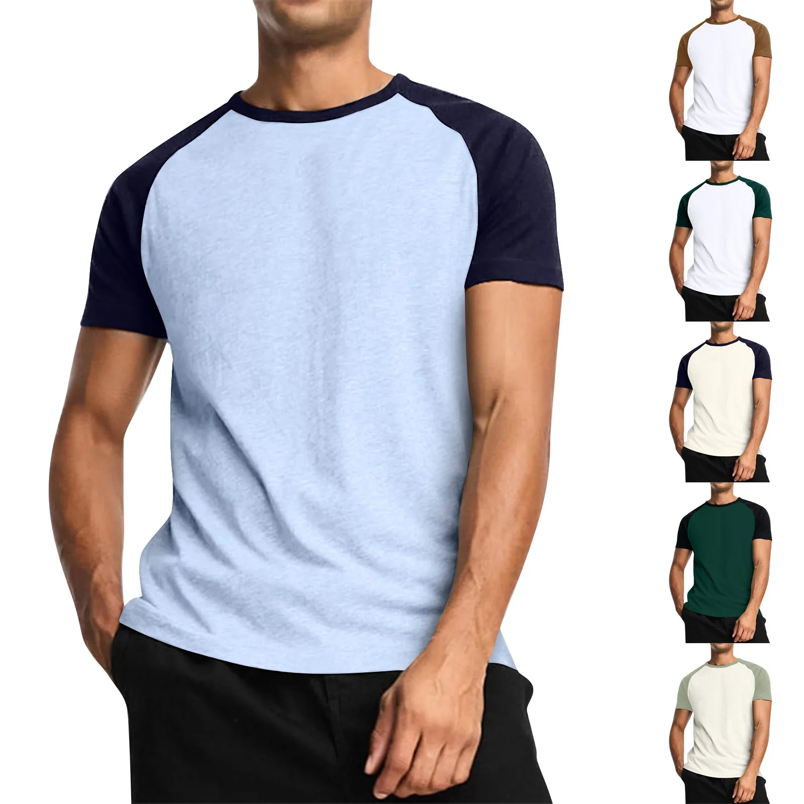 Men'S Summer New T-Shirt Daily Simple Causal Short Sleeve Tops Stitching Color Crew Neck Raglan Sleeves Basic Fitting Tops